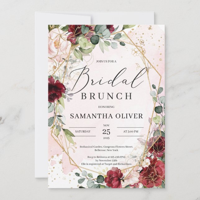 Invitación Boho Borgoña floral oro geométrico brunch novia (Anverso)