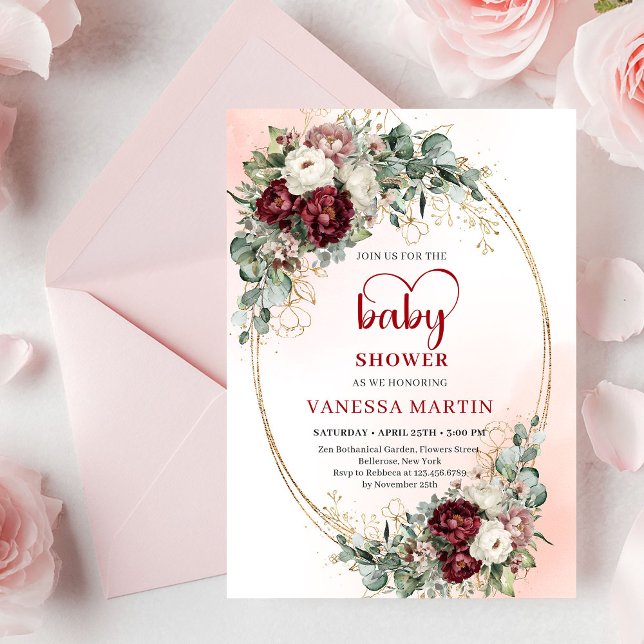 Invitación Boho Borgoña Vegetación Fuente en Forma de Corazón (Boho Burgundy Greenery Heart-Shaped Font Baby Shower Invite)