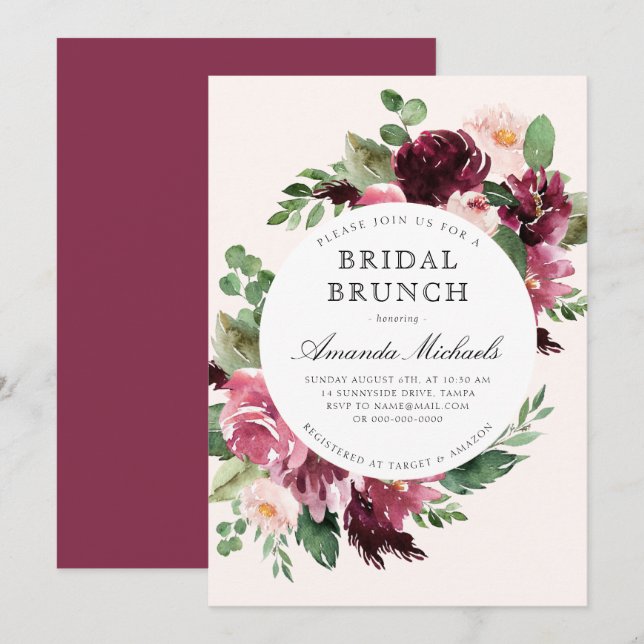 Invitación Boho Borgoña Verdor Floral Bridal Brunch Ducha (Anverso / Reverso)
