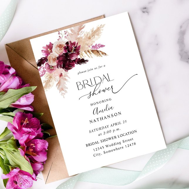 Invitación Boho Borgoña y ducha de novia floral rosa (Subido por el creador)