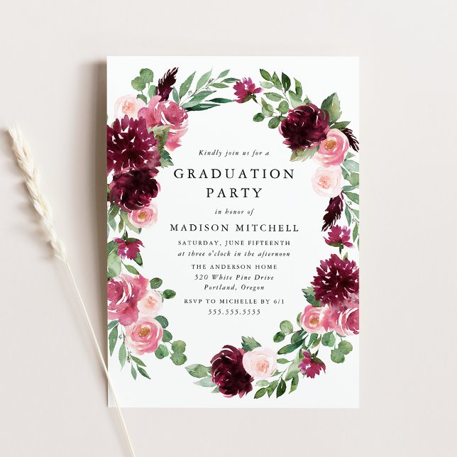 Invitación Boho Borgoña y fiesta de graduación floral de Rubo (Subido por el creador)