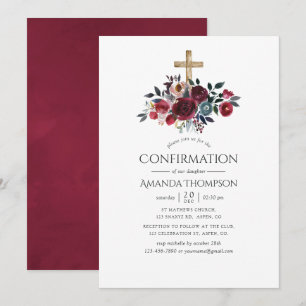 Invitación Boho Borgoña y Floral de Confirmación Naval