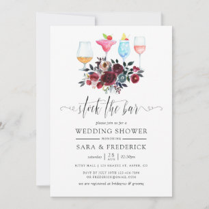 Invitación Boho Borgoña y Floral Naval Abastece el Bar