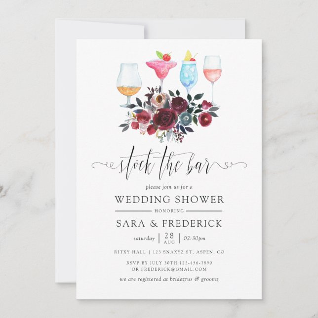 Invitación Boho Borgoña y Floral Naval Abastece el Bar (Anverso)