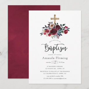 Invitación Boho Borgoña y Floral Naval Bautizo