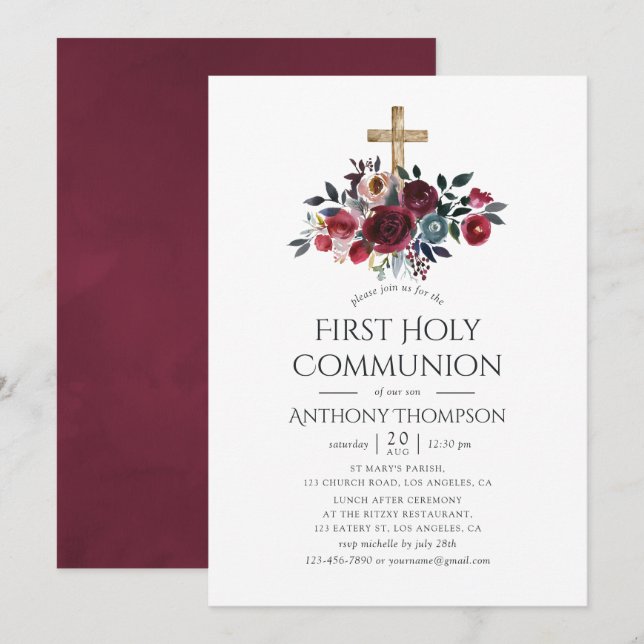 Invitación Boho Borgoña y Floral Naval Primera Comunión (Anverso / Reverso)