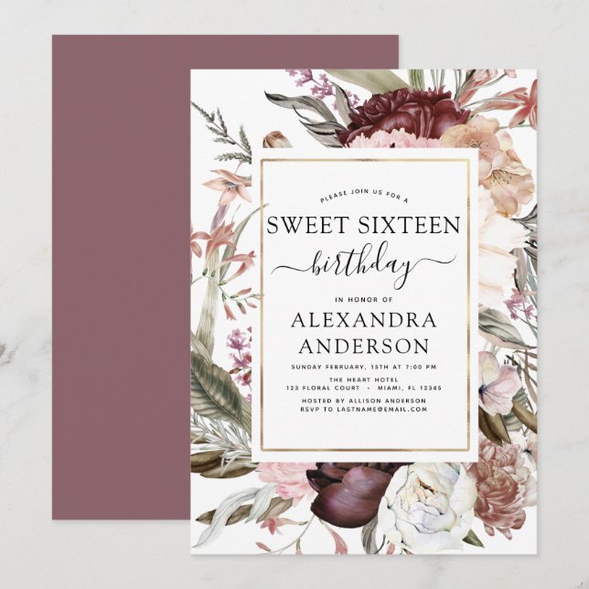 Invitación Boho Borgundy Sweet 16 Birthday Floral (Anverso / Reverso)
