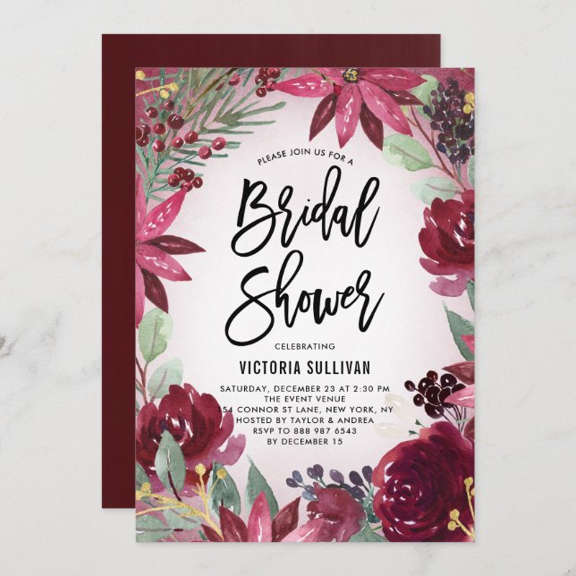 Invitación Boho Borgundy Winter Floral Frame Bridal Shower (Anverso / Reverso)