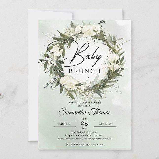 Invitación Boho Bosque vegetación follaje roses blancos brunc (Anverso)