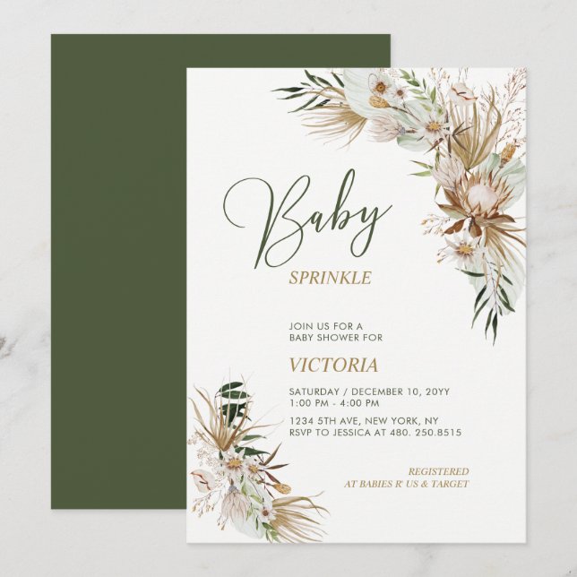 Invitación boho botánica Verde y Dorada para Baby  (Anverso / Reverso)