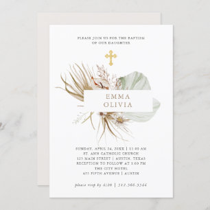 Invitación Boho Botanical   Bautismo con cruz de oro