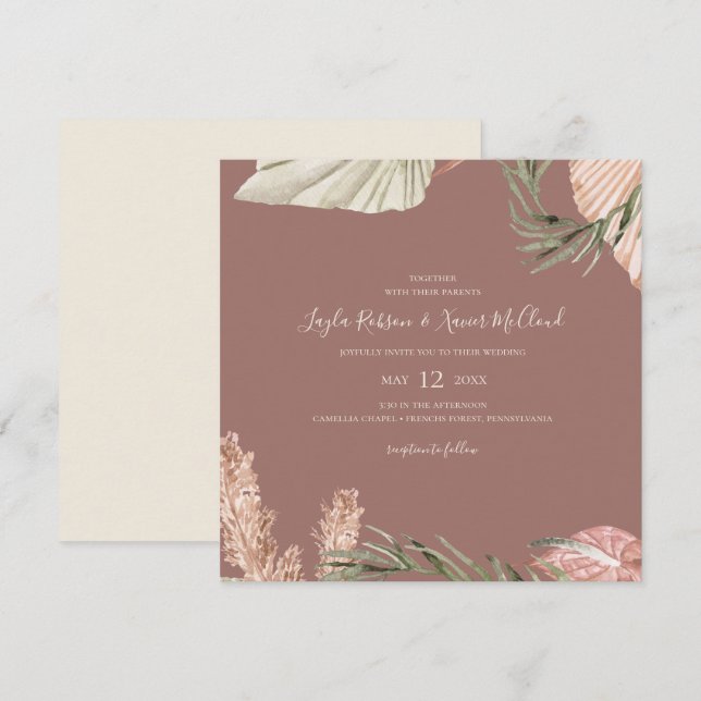 Invitación Boho Botanical | Boda cuadrado Rosa sencillo y agi (Anverso / Reverso)