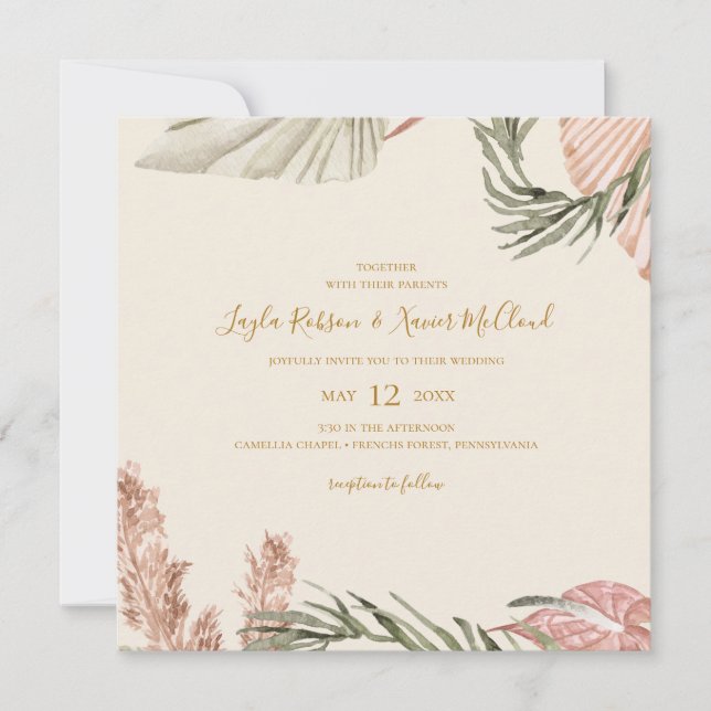 Invitación Boho Botanical | Boda simple de la plaza verde oli (Anverso)