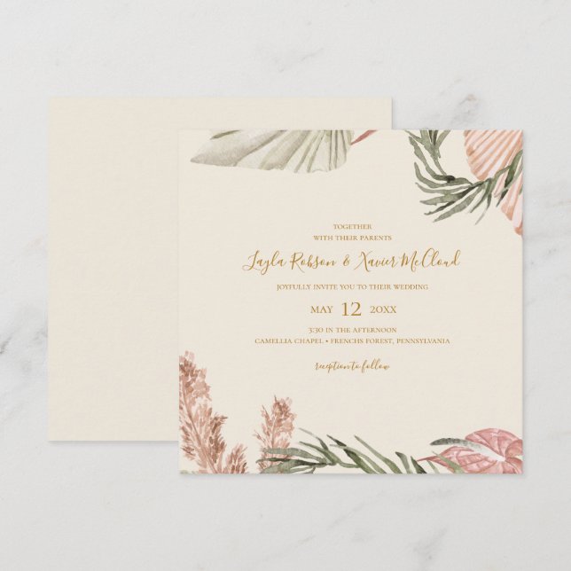 Invitación Boho Botanical | Boda simple de Plaza de Marfil (Anverso / Reverso)