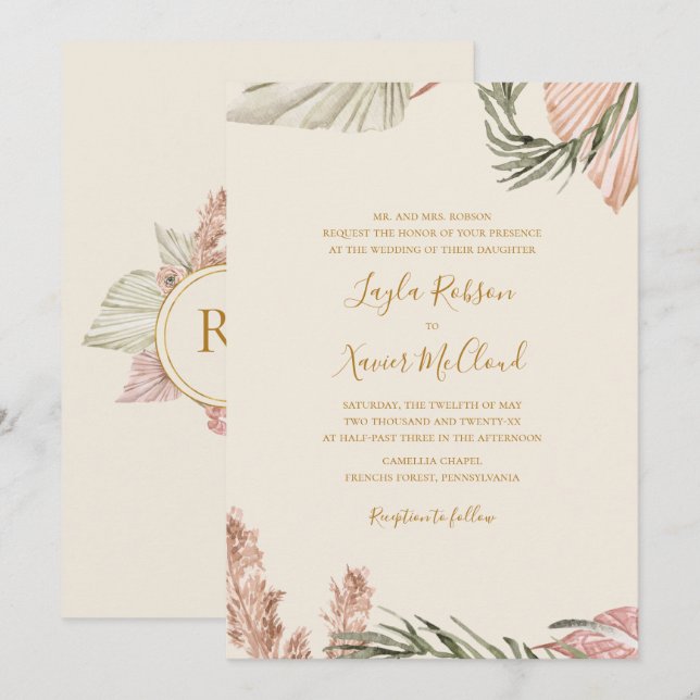 Invitación Boho Botanical | Boda tradicional simple de marfil (Anverso / Reverso)