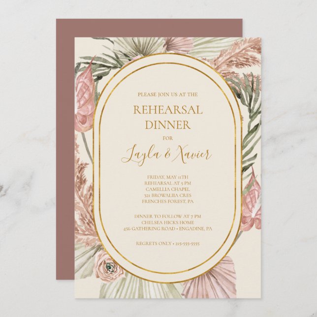 Invitación Boho Botanical | Cena de ensayo Rosa agitada (Anverso / Reverso)