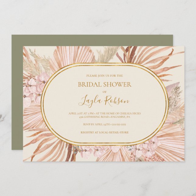 Invitación Boho Botanical | Ducha verde horizontal de novia (Anverso / Reverso)