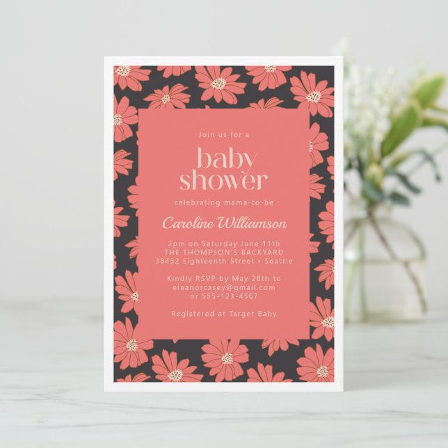 Invitación Boho Botanical Flowers Navy Red Baby Shower (Anverso de pie)