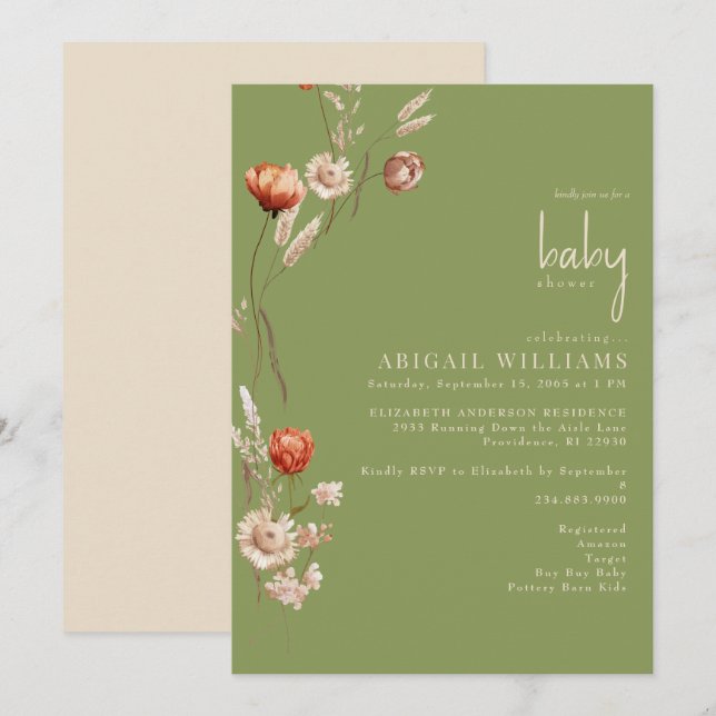 Invitación Boho Botanical Moss Green & Cream Baby Shower (Anverso / Reverso)