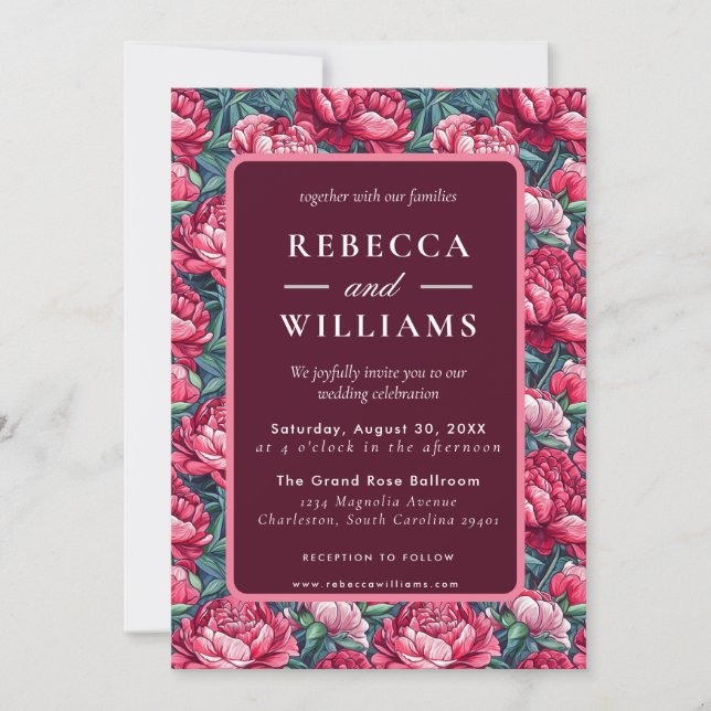 Invitación Boho Botanical Peonies Autumn Wedding  (Anverso)