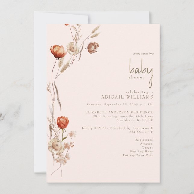 Invitación Boho Botanical Rubor Baby Shower (Anverso)