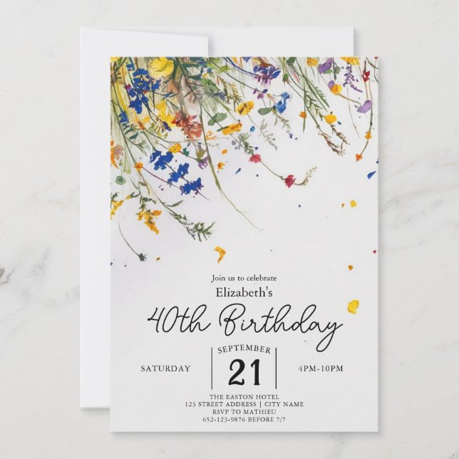 Invitación Boho Botanical Wildflowers 40 cumpleaños (Anverso)