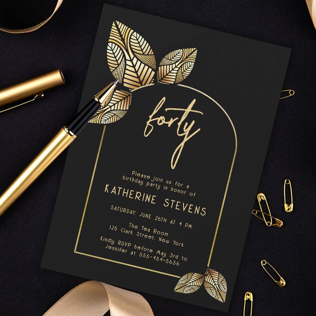 Invitación Boho Botánico de Oro Foliage Art Deco 40 cumpleaño (art deco gold black botanical leaf 40th birthday invitation card diy women gatsby roaring 20s classy)