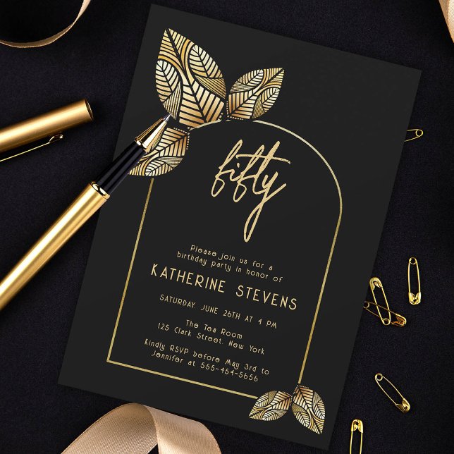 Invitación Boho Botánico de Oro Foliage Art Deco 50 cumpleaño (art deco 50th birthday invitation card diy women botanical gold foliage stylized gatsby roaring 20s )