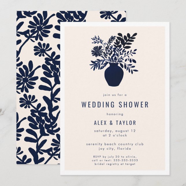 Invitación Boho Botánico Mínimo Flores Ducha De Boda Azul (Anverso / Reverso)