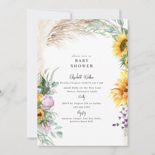Invitación Boho Botánico Pampas Sunflower Peony Baby Shower (Anverso)