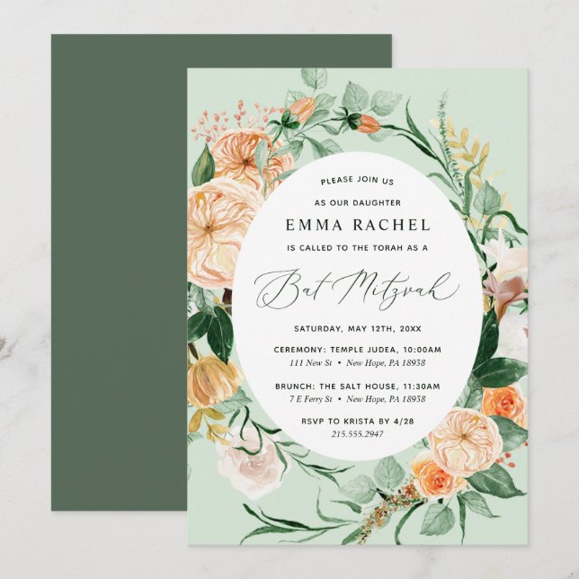 Invitación Boho Botánico Personalizado Sage Green Bat Mitzvah (Anverso / Reverso)