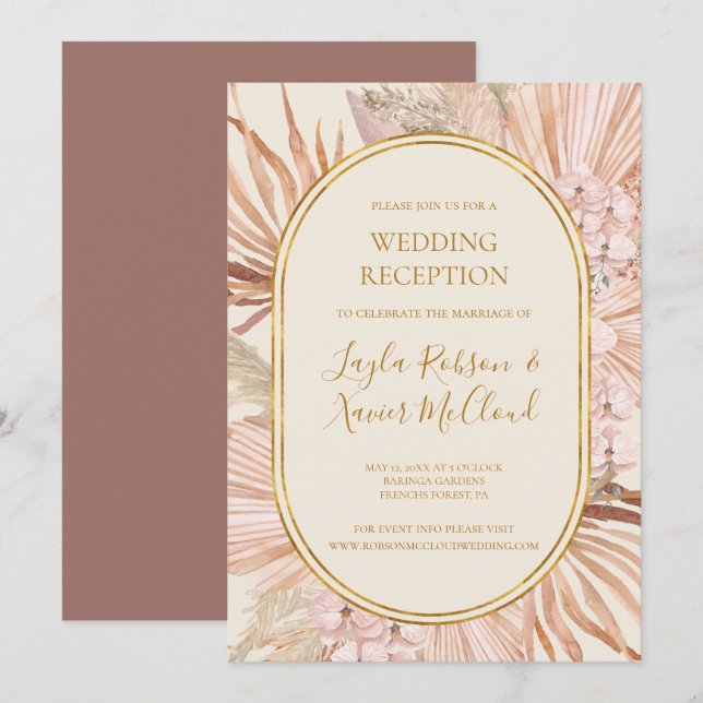 Invitación Boho Botánico | Recepción de Boda Rosa Polvorienta (Anverso / Reverso)