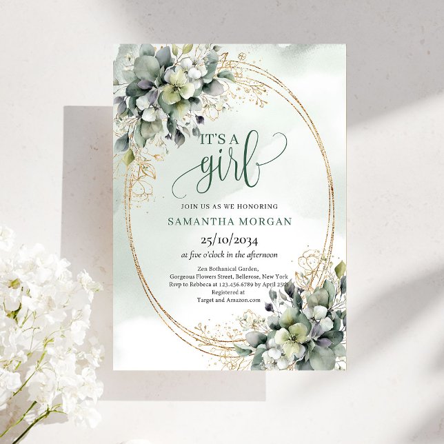 Invitación Boho Botánico Verde Blanco Follaje Es Una Niña (Boho Botanical Green White Foliage Look It’s A Girl Invite)