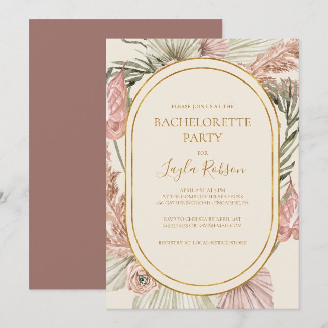 Invitación Boho Botany Dusty Rosa Bachelorette (Anverso / Reverso)