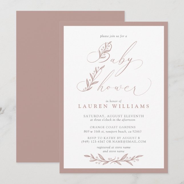 Invitación Boho Botany Dusty Rosa Guión Rosado Baby Shower (Anverso / Reverso)