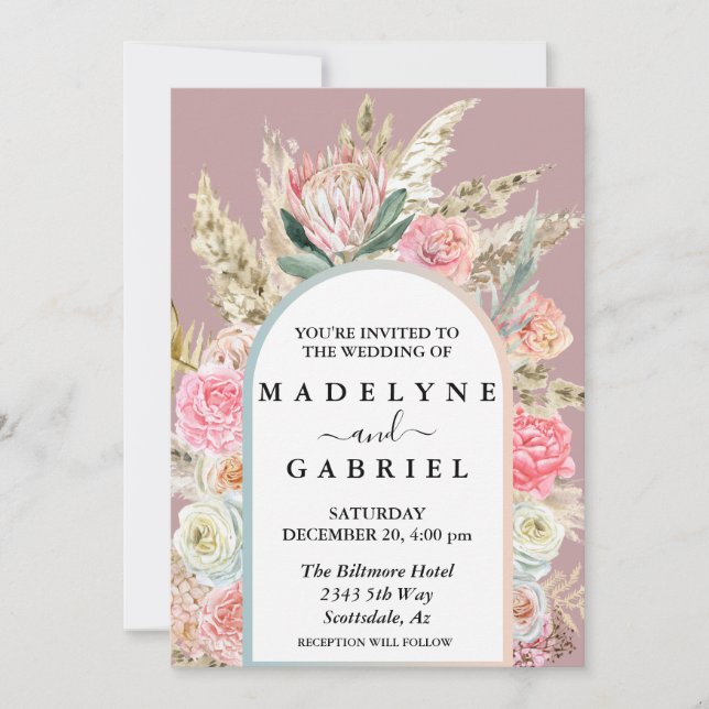 Invitación Boho Bouquets Pampas Marco de Arco de Grasa (Anverso)