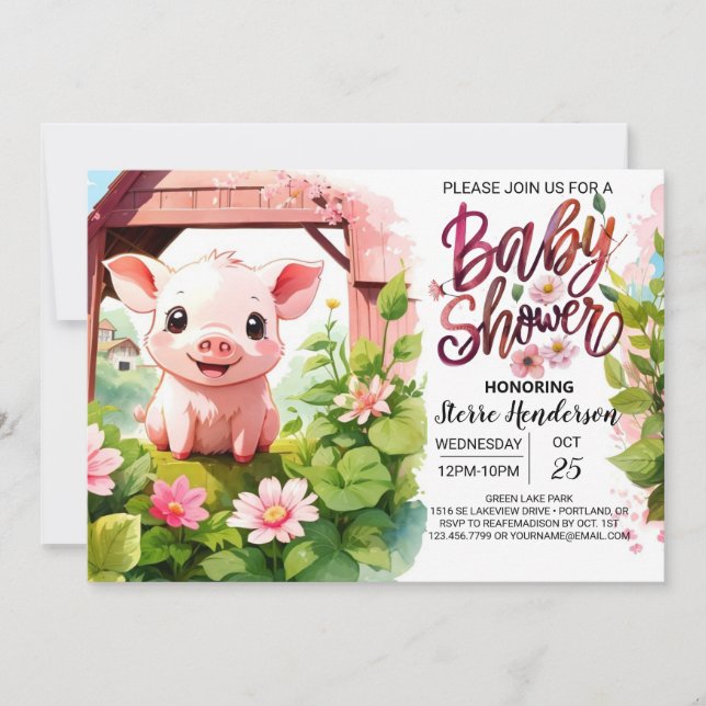 Invitación Boho Bouquets Piglet Baby Shower (Anverso)