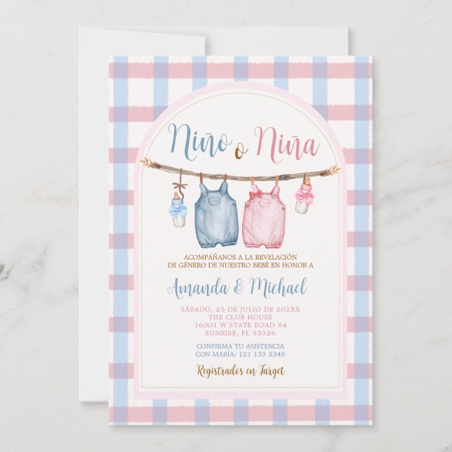 Invitación Boho Bow Pumpkin Género español revelan Gingham (Anverso)