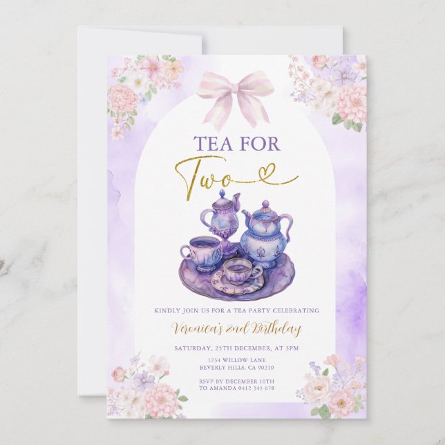 Invitación Boho Bow Purple Tea for two girl Birthday flowers (Anverso)