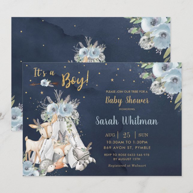 Invitación Boho Boy Baby Shower de animales de bosque de Navy (Anverso / Reverso)