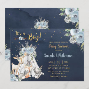 Invitación Boho Boy Baby Shower de animales de bosque de Navy