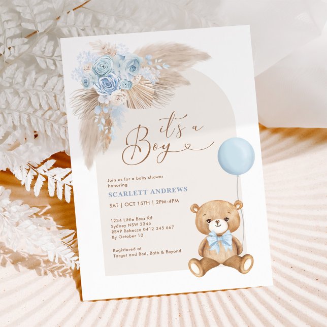 Invitación Boho Boy Teddy Bear Balloon Baby Shower (Subido por el creador)