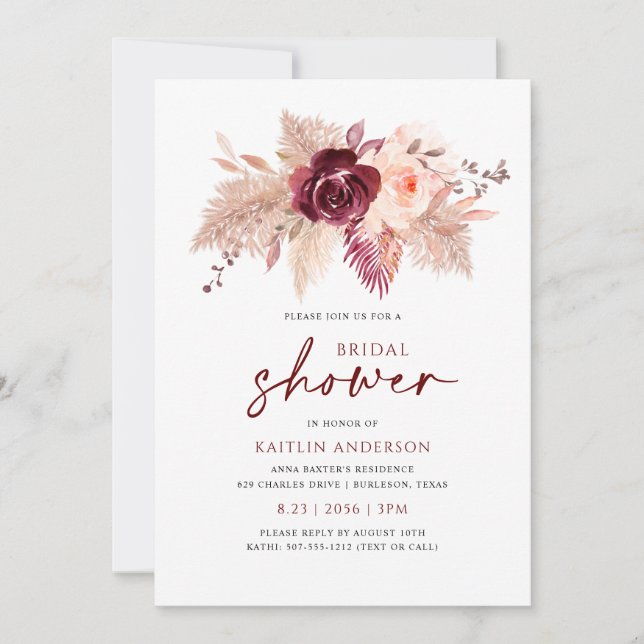 Invitación Boho Bridal Shower Burgundy Rosa Gold Pampas (Anverso)