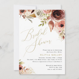 Invitación Boho Bridal Shower, Earthy Floral Gold Script