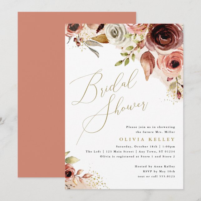Invitación Boho Bridal Shower, Earthy Floral Gold Script (Anverso / Reverso)