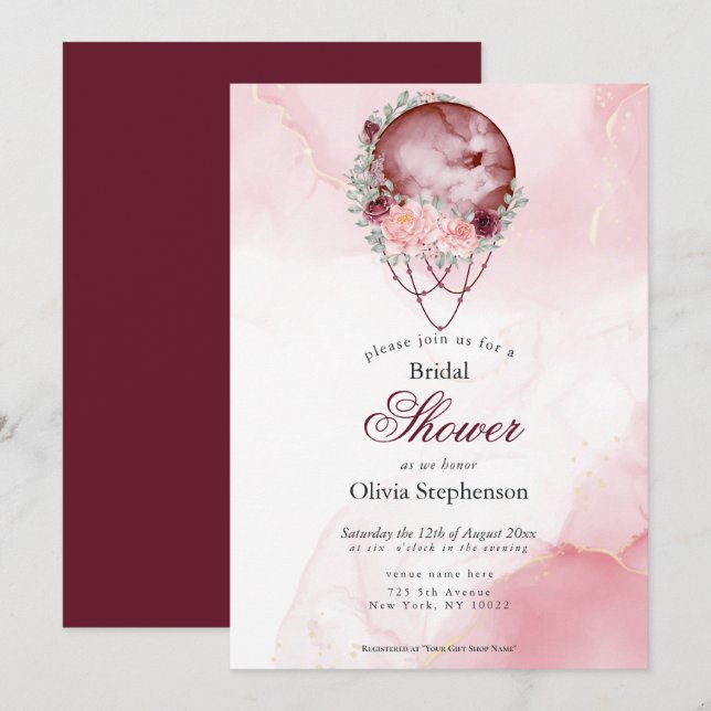 Invitación Boho Bridal Shower Maroon rosa Luna llena (Anverso / Reverso)