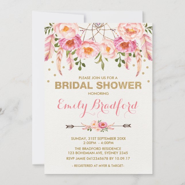 Invitación Boho Bridal Shower Pink Gold Floral Dreamcatcher (Anverso)