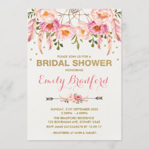 Invitación Boho Bridal Shower Pink Gold Floral Dreamcatcher