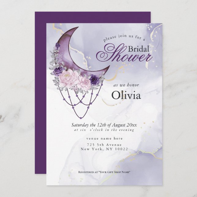 Invitación Boho Bridal Shower Purple Crescent Moon Mandala (Anverso / Reverso)