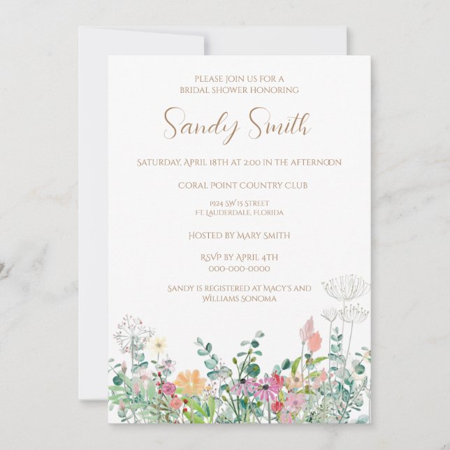 Invitación Boho Bridal Shower Watercolor Flor silvestre (Anverso)